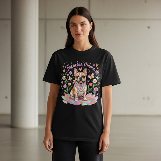 Black t-shirt with "Frenchie Mama" text and a French bulldog surrounded by flowers.