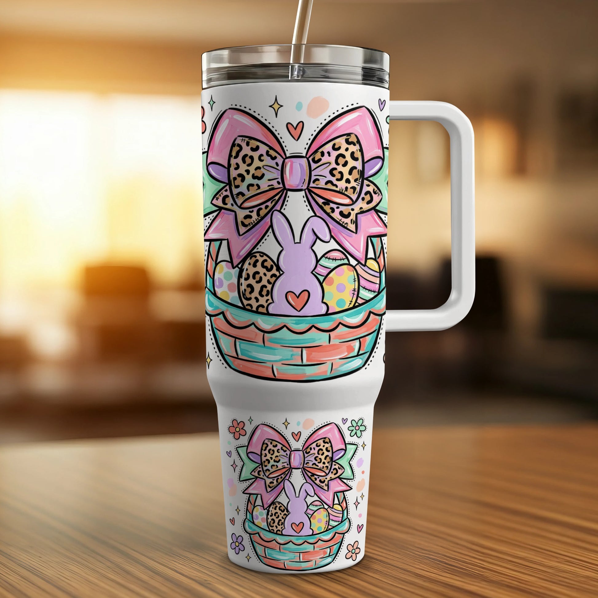 Easter bunny and eggs in basket tumbler with bow accents.