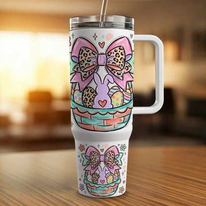 Easter bunny and eggs in basket tumbler with bow accents.