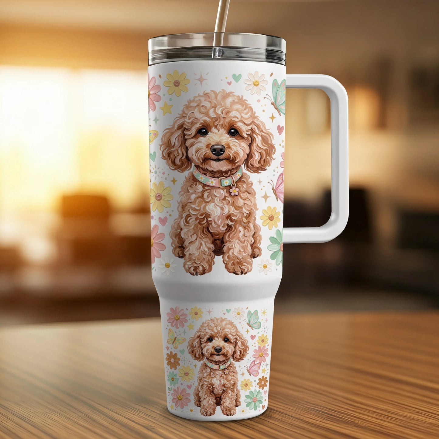 Brown poodle with floral and butterfly pattern on tumbler.
