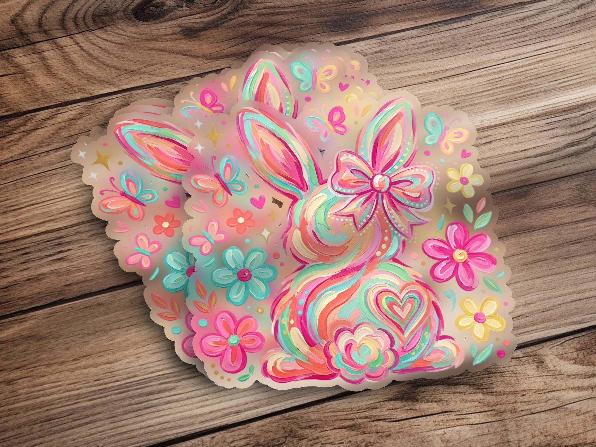 Pastel Easter bunny with floral accents and butterflies on a wooden background.