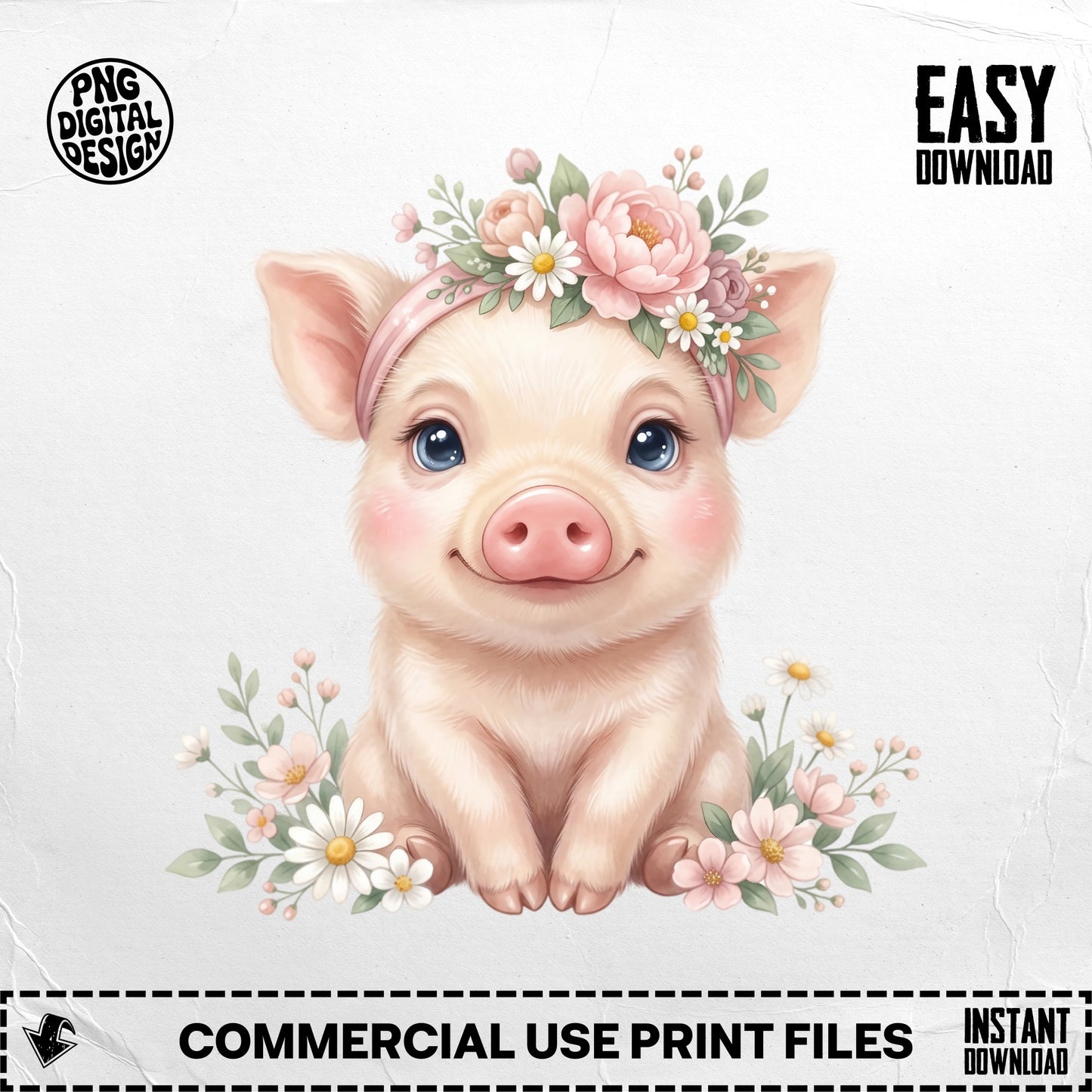 Cute piglet wearing a flower crown with "PNG DIGITAL DESIGN" and "EASY DOWNLOAD".