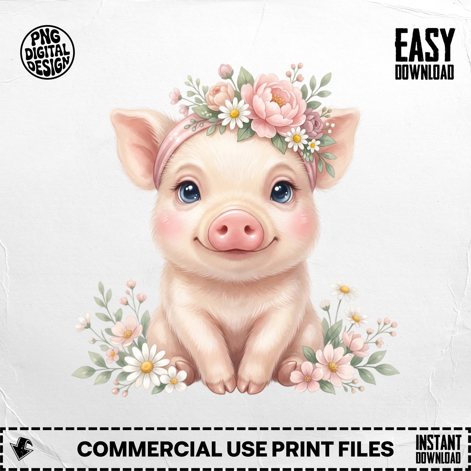 Cute piglet wearing a flower crown with "PNG DIGITAL DESIGN" and "EASY DOWNLOAD".
