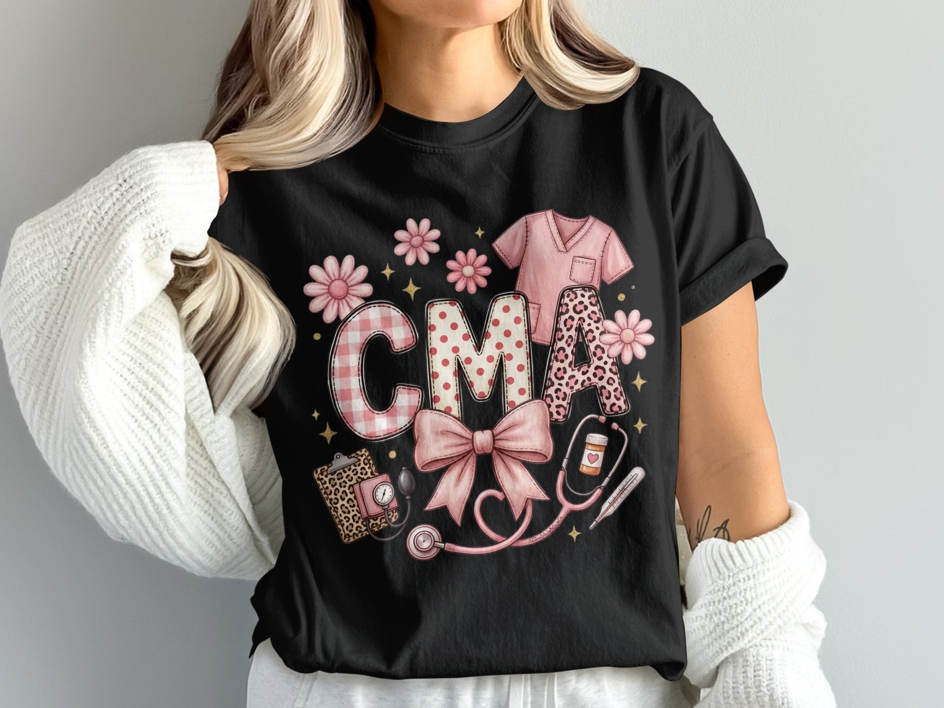 Black t-shirt with CMA design, stethoscope, and medical icons.
