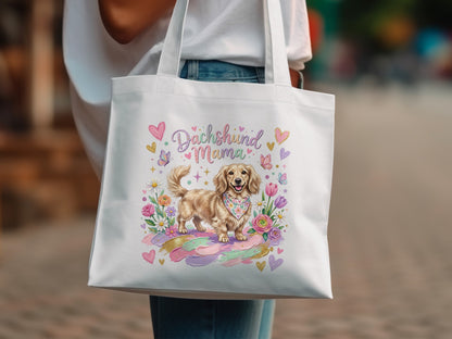 Dachshund Mama tote bag with watercolor illustration of a dog and flowers.