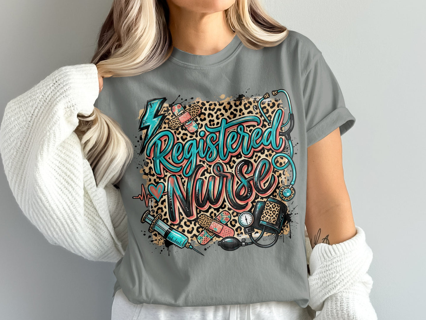 Registered Nurse graphic with leopard print, medical icons, and lightning bolts.