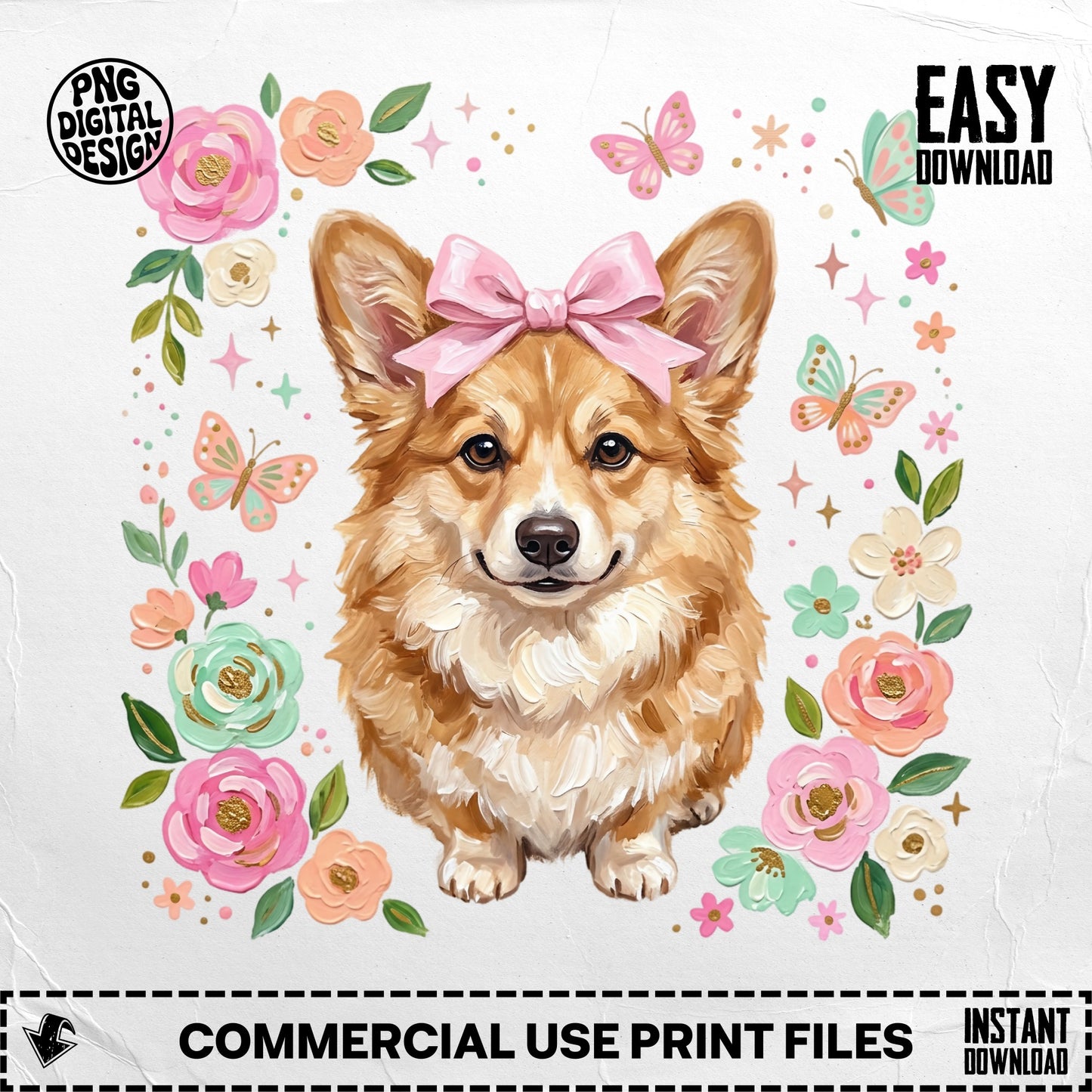 Corgi with pink bow surrounded by flowers and butterflies.