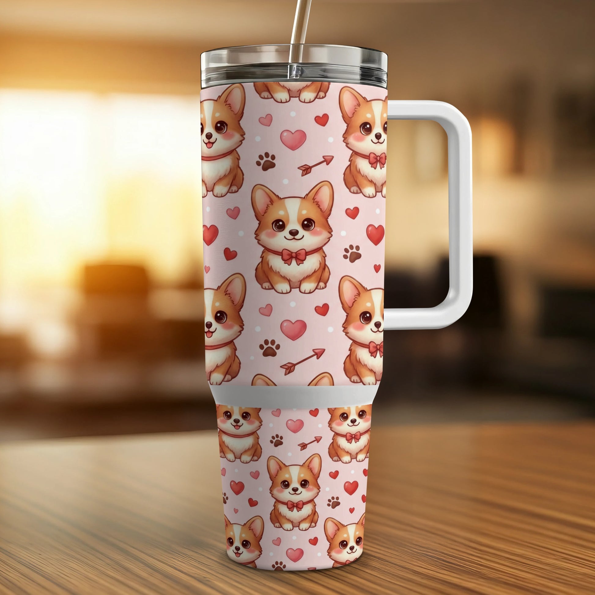 Pink tumbler with repeating pattern of cute Corgi dogs and hearts.