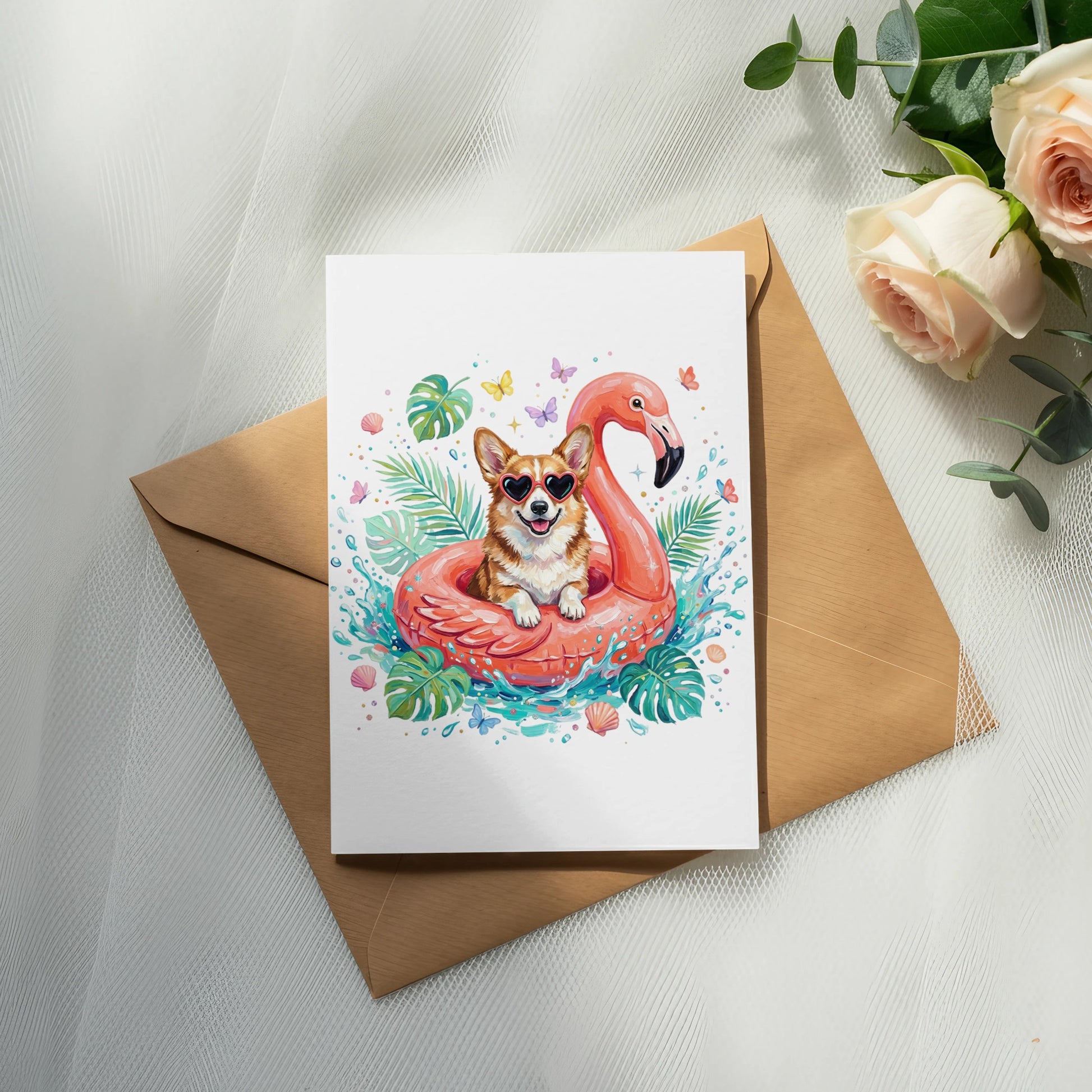 Corgi in a flamingo float with sunglasses, surrounded by tropical leaves and butterflies.