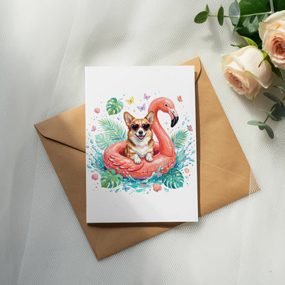 Corgi in a flamingo float with sunglasses, surrounded by tropical leaves and butterflies.