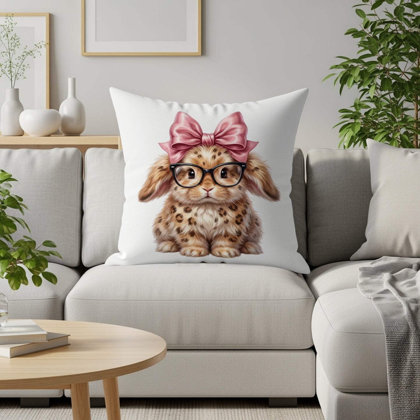 Fuzzy leopard-print bunny with pink bow and glasses on a pillow.