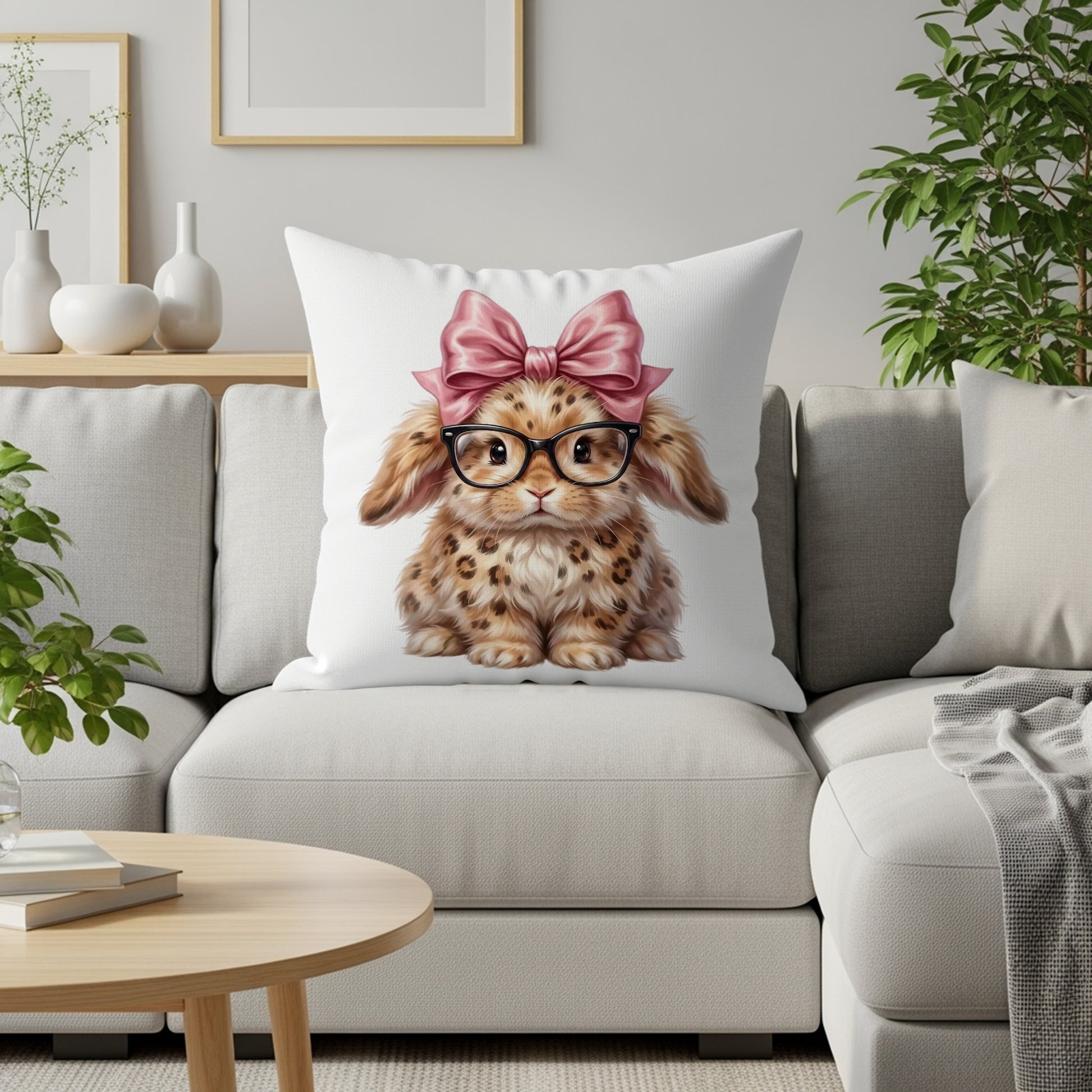 Fuzzy leopard-print bunny with pink bow and glasses on a pillow.