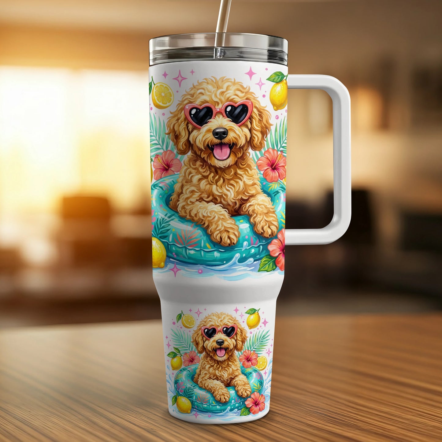 Goldendoodle in sunglasses floats in a pool tube with lemons and flowers.