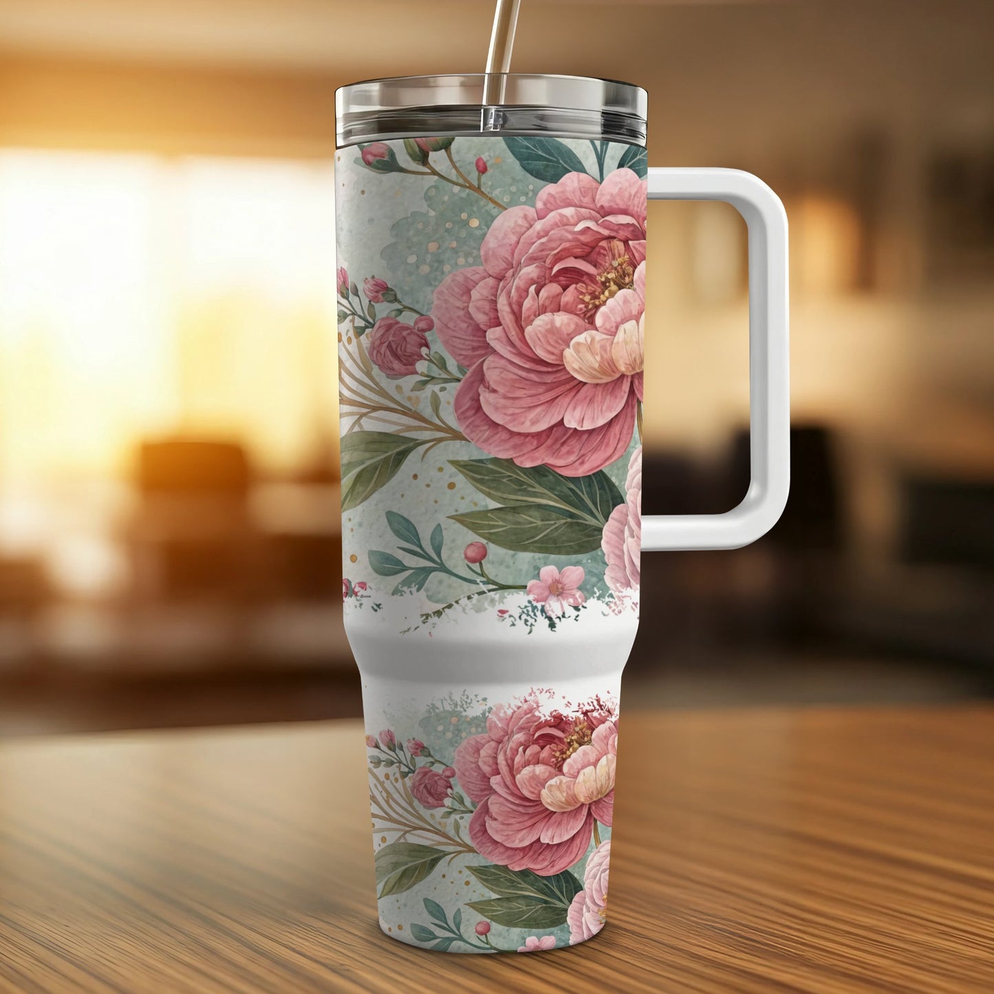 White tumbler with pink floral pattern and straw.