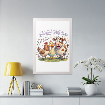 Barnyard Gossip Club: Cow and chicken whispering secrets surrounded by flowers.