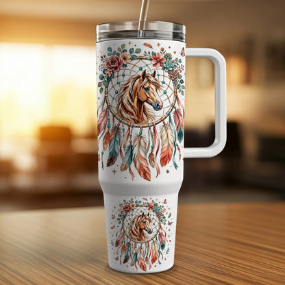 White tumbler with horse and feather dreamcatcher design.