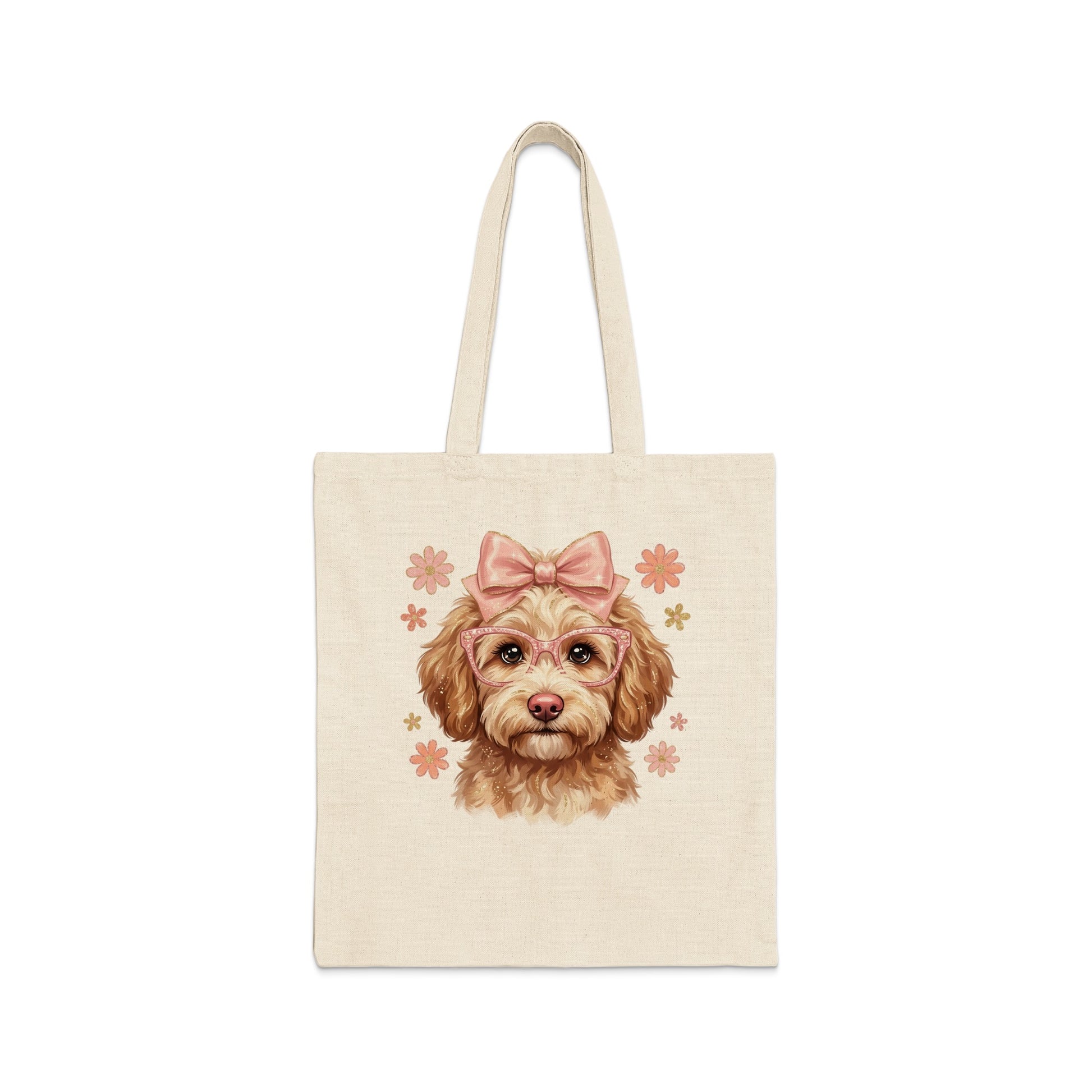 Canvas tote bag featuring a doodle dog wearing glasses and a pink bow.