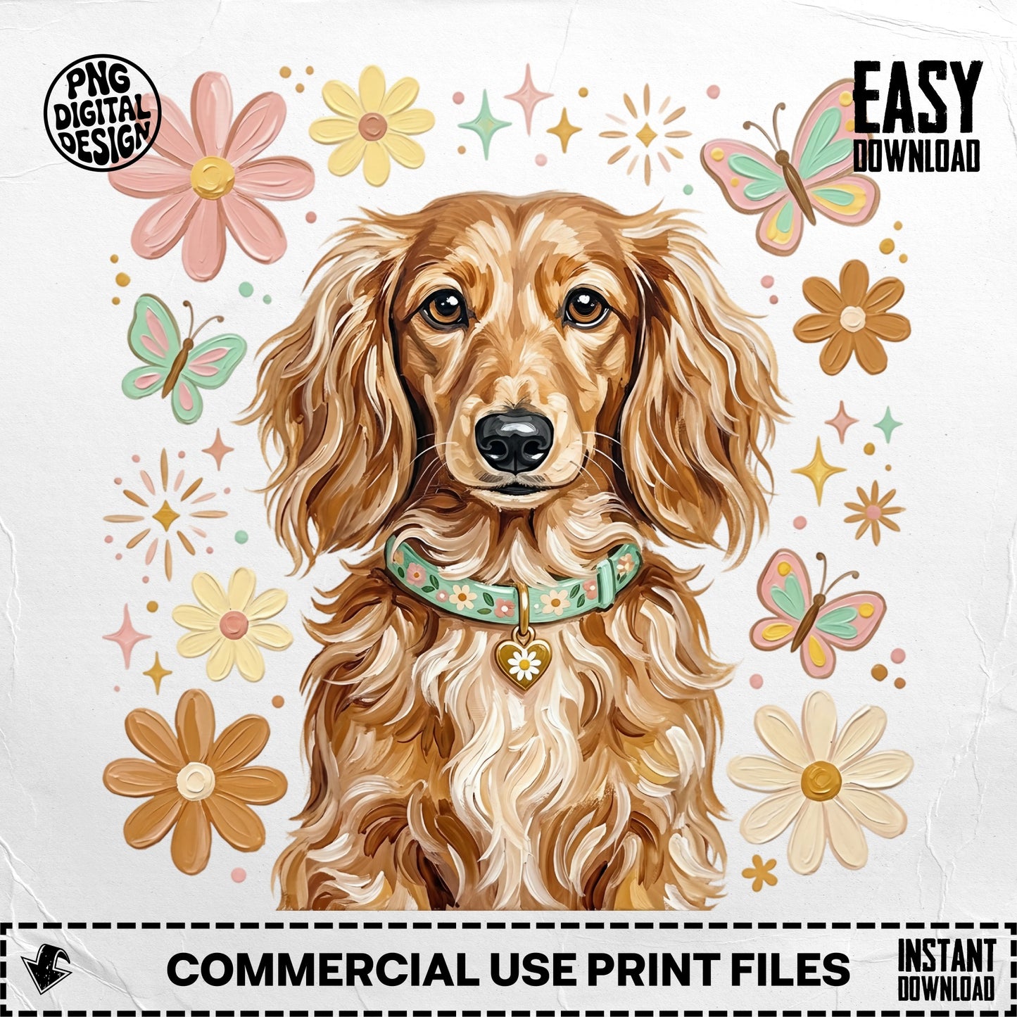 Long-haired dachshund wearing a floral collar surrounded by flowers and butterflies.