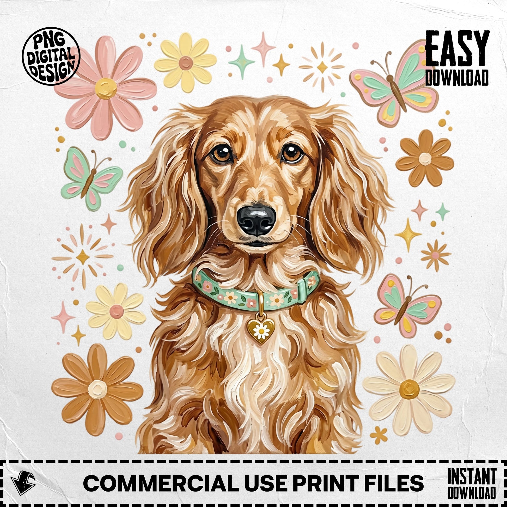 Long-haired dachshund wearing a floral collar surrounded by flowers and butterflies.
