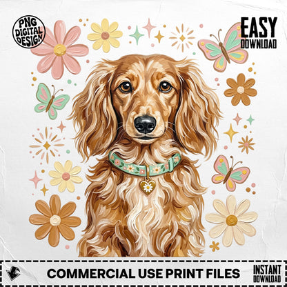 Long-haired dachshund wearing a floral collar surrounded by flowers and butterflies.