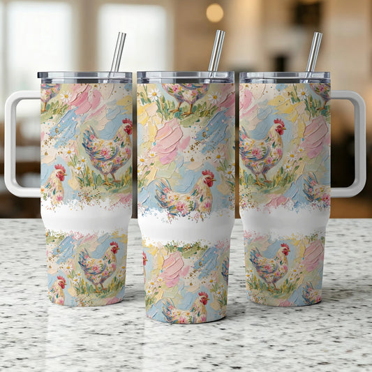 Three identical tumblers with a colorful chicken and floral pattern.