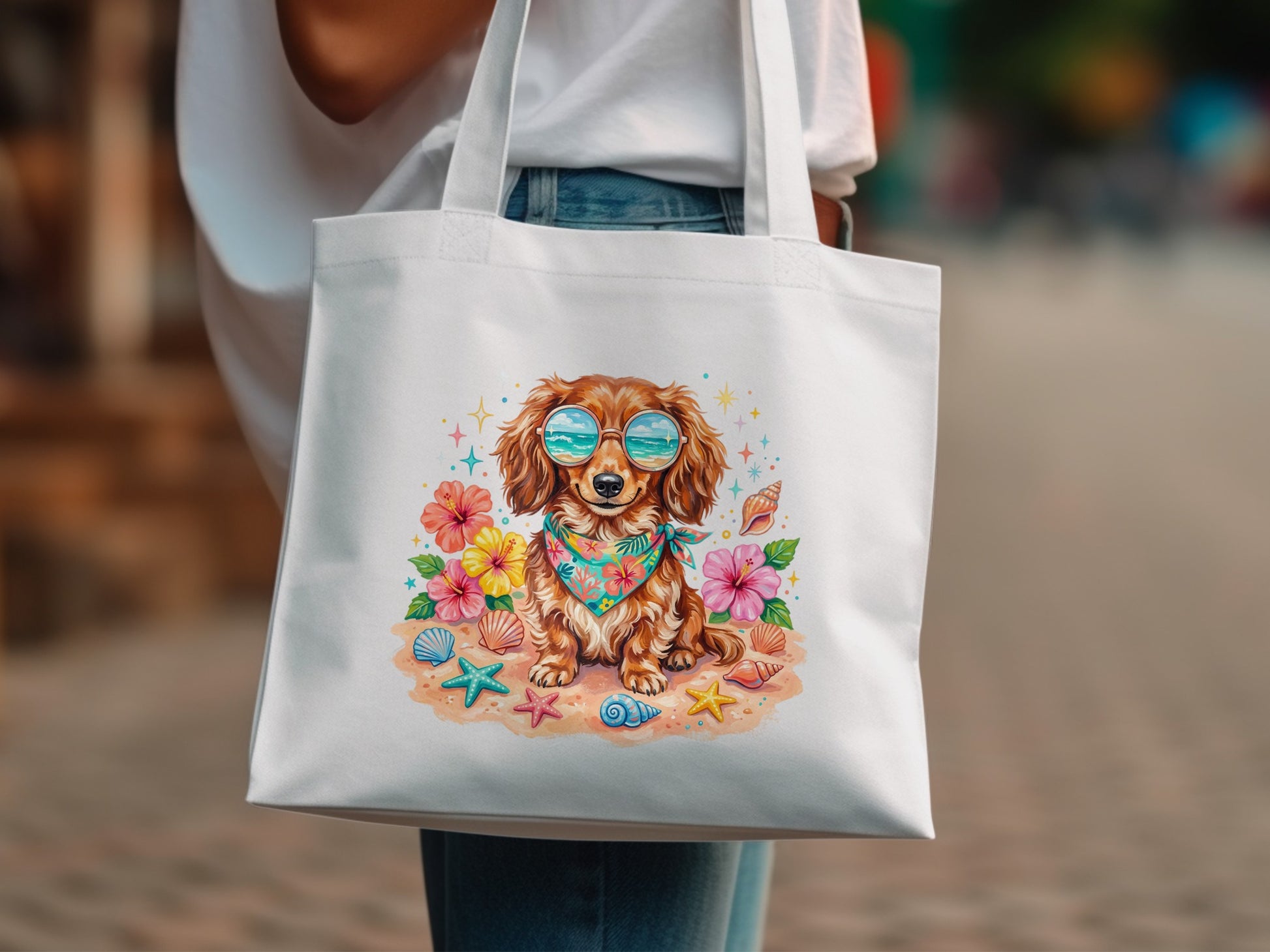 Dachshund dog with sunglasses on beach with shells and flowers.