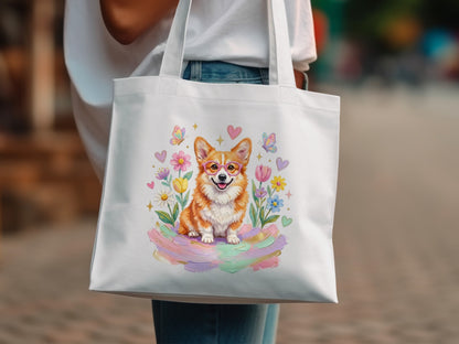 Corgi in glasses surrounded by flowers and butterflies on a tote bag.