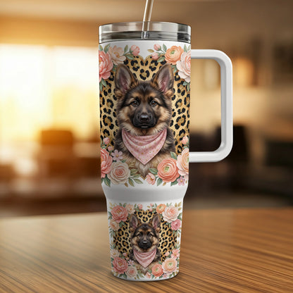 German Shepherd in bandana surrounded by flowers and leopard print on a tumbler.