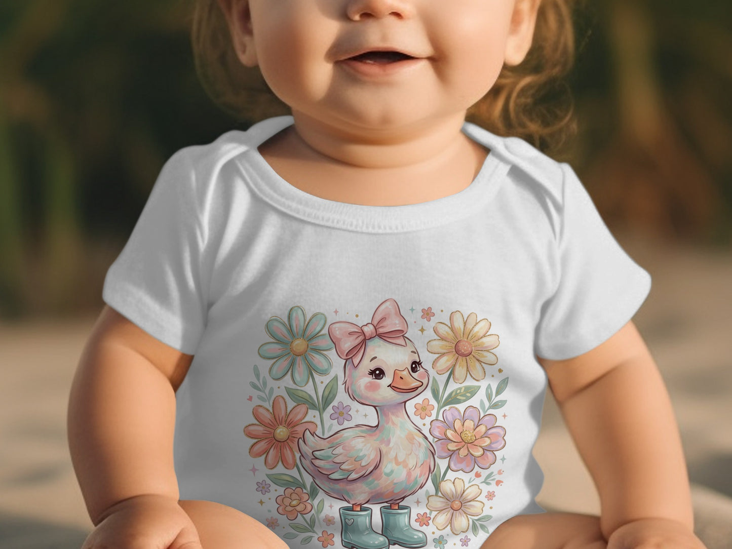 Baby in white onesie with duck and flowers graphic.