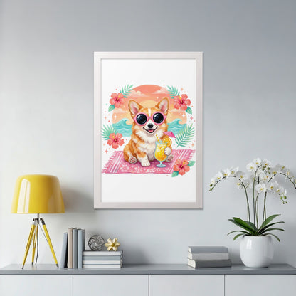 Corgi wearing sunglasses with a cocktail on a striped beach towel.