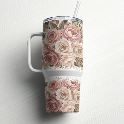 Large tumbler with floral and leopard print design and straw.