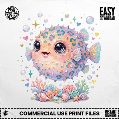 Cute pufferfish with colorful coral, shells, and sparkles.