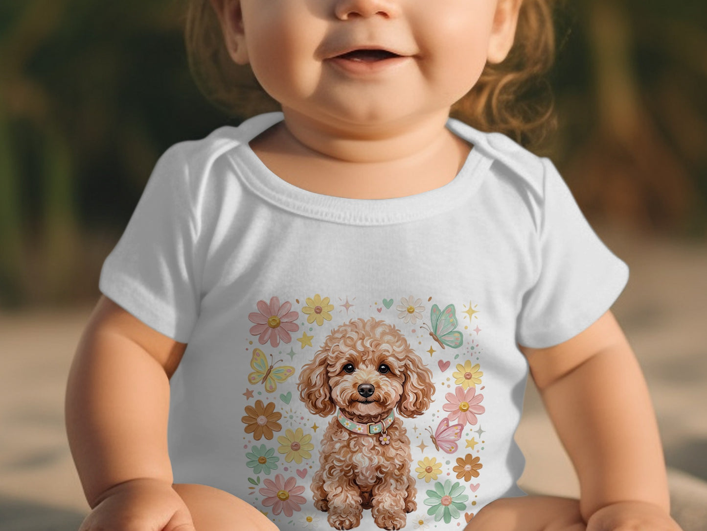 Baby in white onesie with cartoon poodle and flowers.