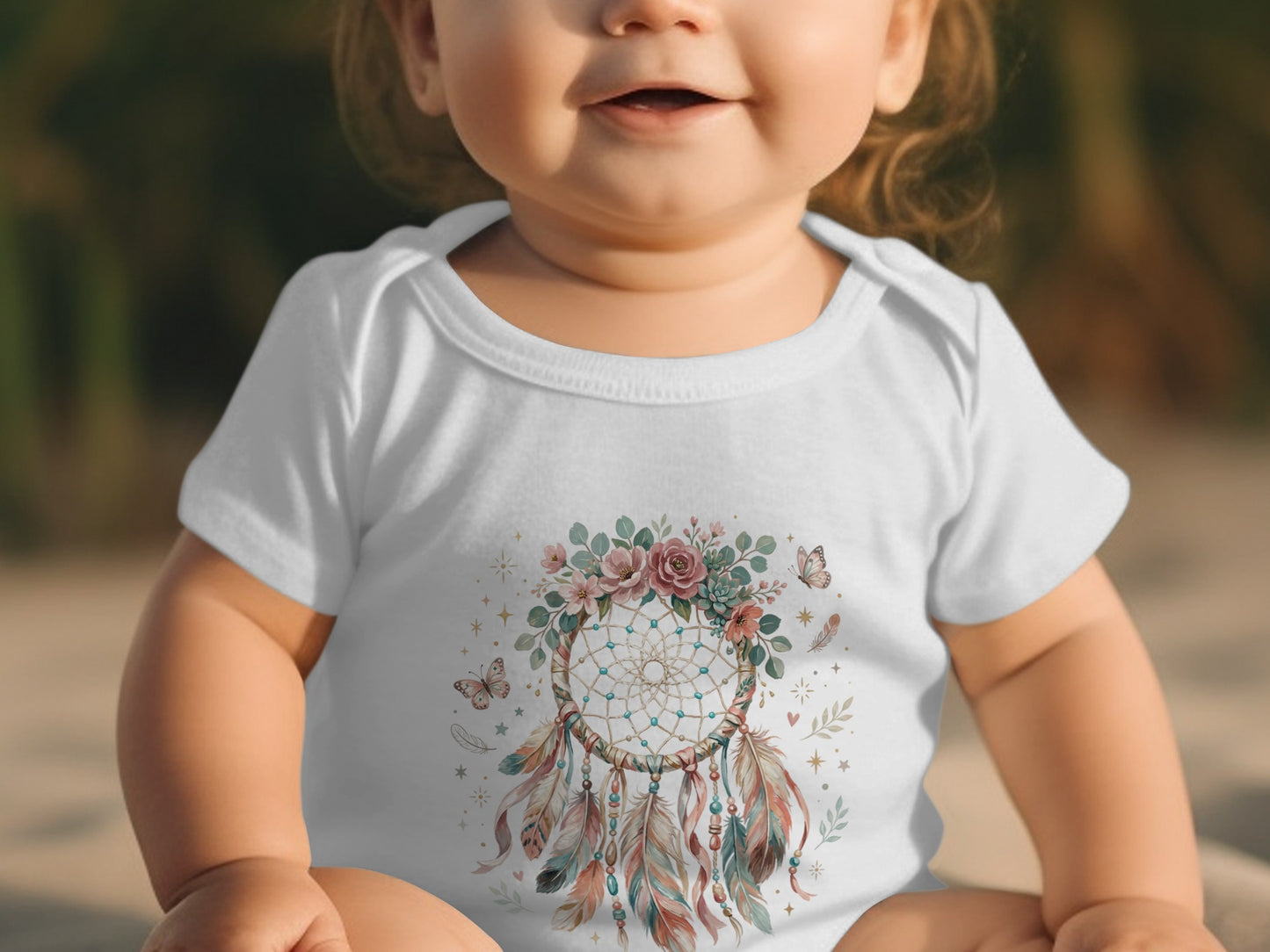 Baby wearing white bodysuit with floral dreamcatcher graphic.