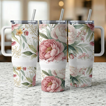 Three tumblers with a floral watercolor design featuring pink peonies.