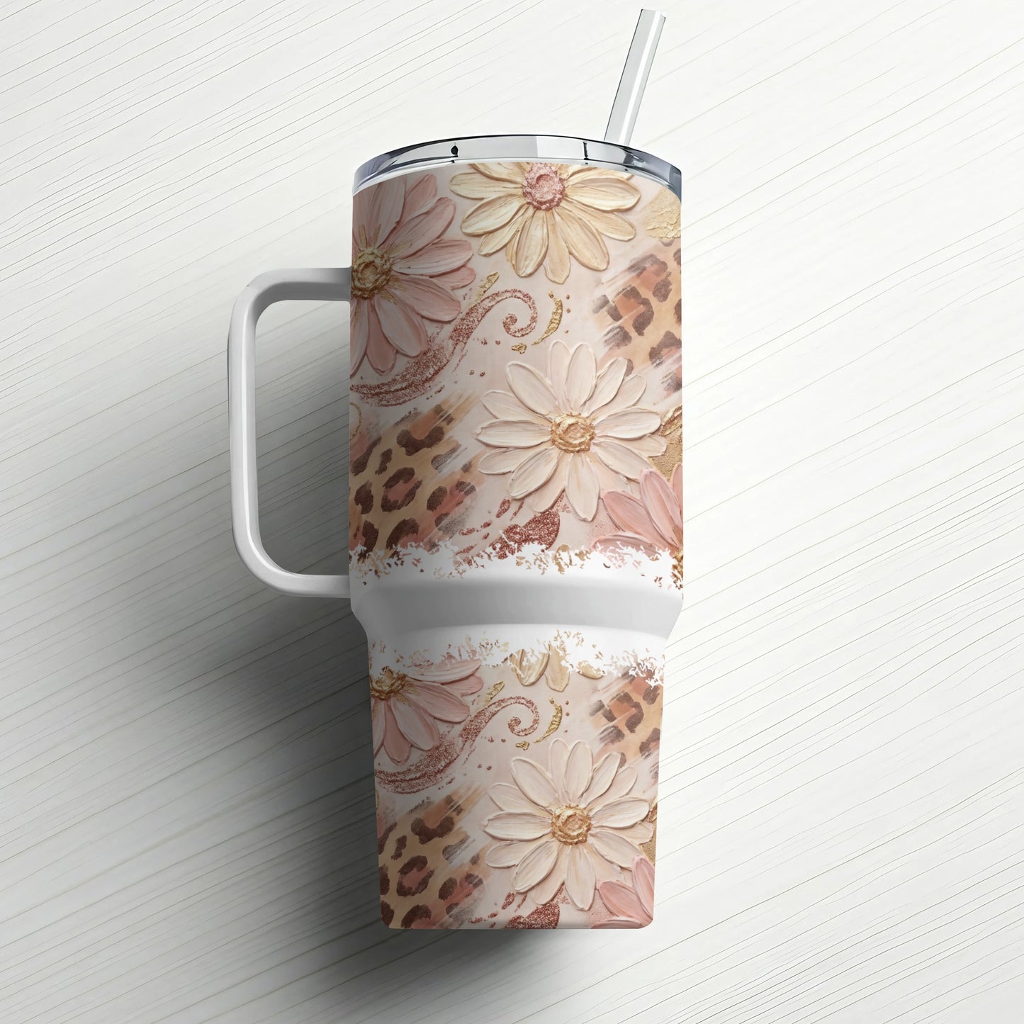 30 oz tumbler with floral and leopard print design and straw.