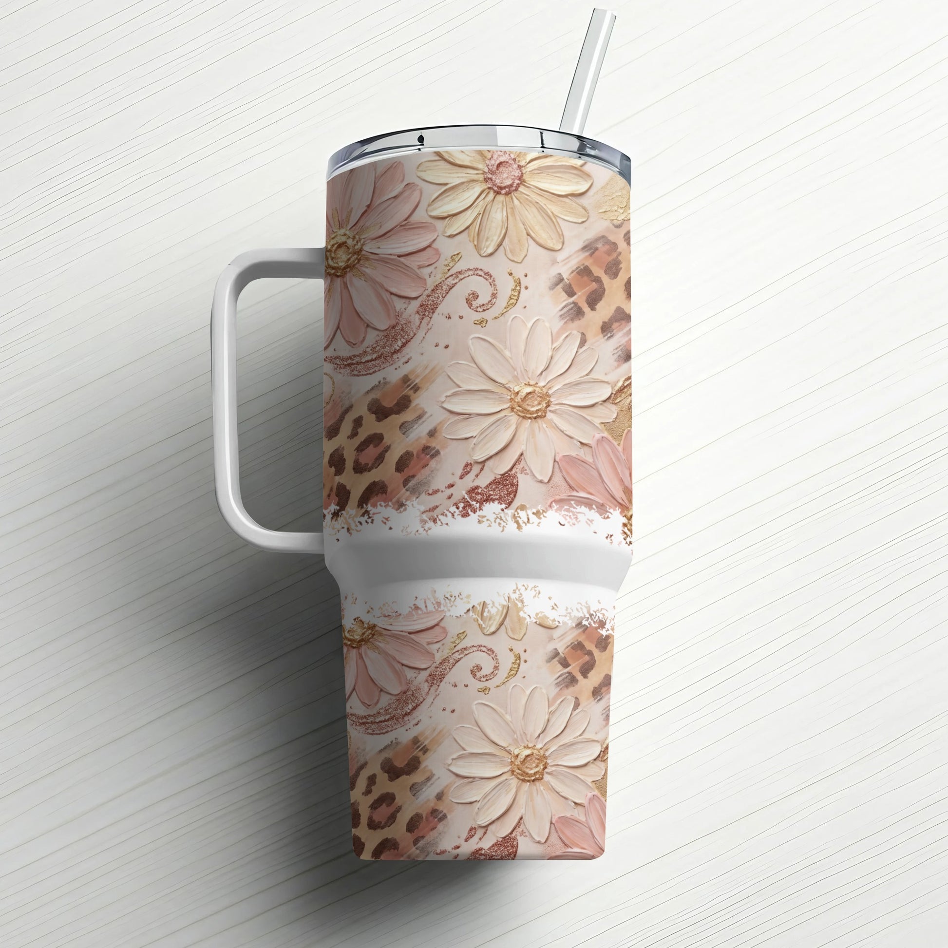 30 oz tumbler with floral and leopard print design and straw.