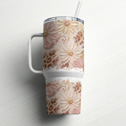 30 oz tumbler with floral and leopard print design and straw.