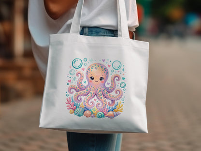 White tote bag with cute cartoon octopus and seashells design.