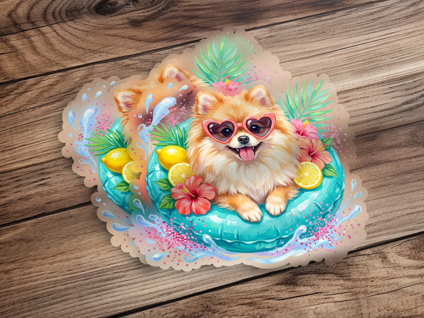 Pomeranian dogs in a pool float with sunglasses and flowers.
