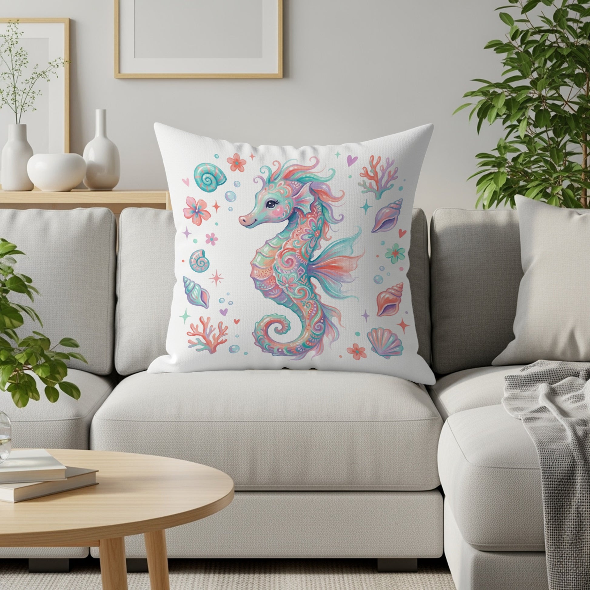 Seahorse and seashells illustration on a decorative throw pillow.