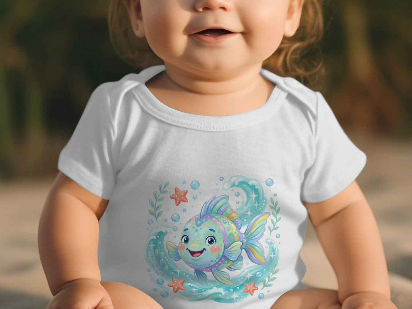 Baby in white onesie with a smiling cartoon fish and starfish print.