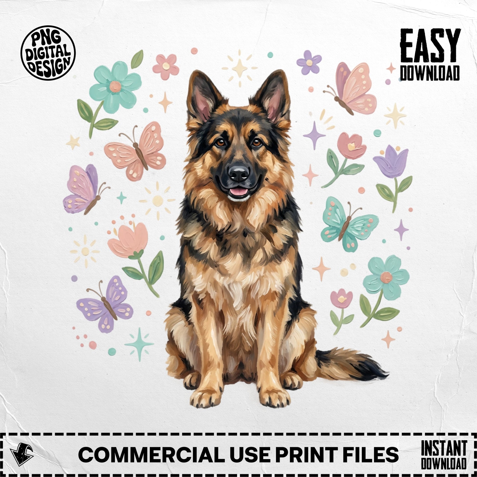 German Shepherd with pastel butterflies and flowers, "Easy Download" text.