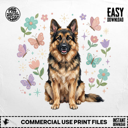 German Shepherd with pastel butterflies and flowers, "Easy Download" text.