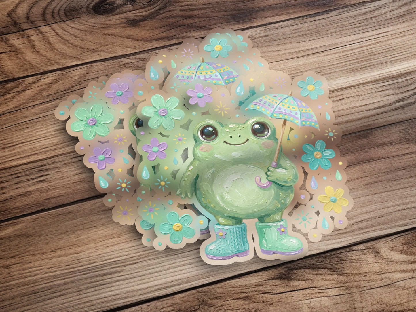 Cute cartoon frog in rain boots holding a colorful umbrella with flowers.