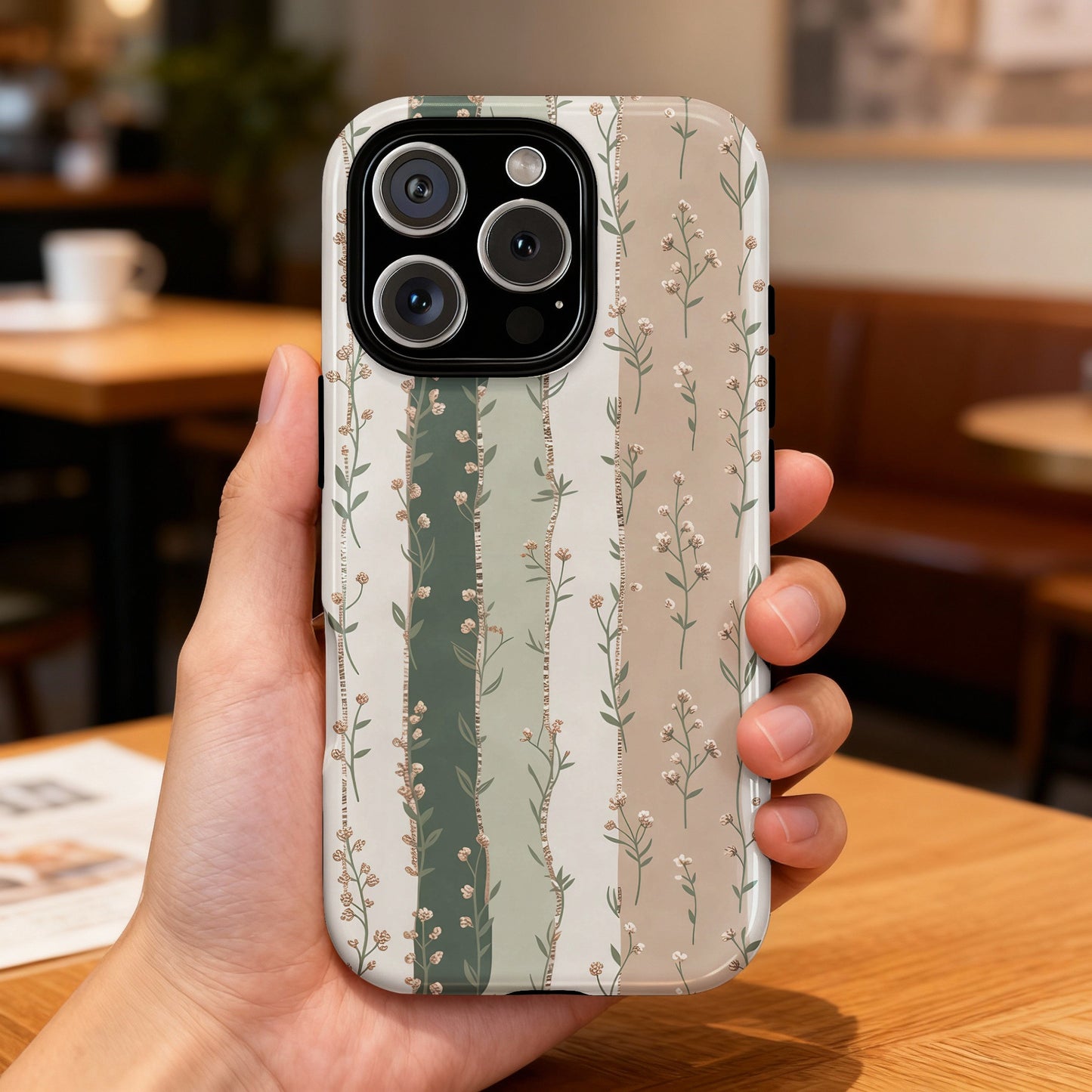 Hand holding a phone case with a floral stripe pattern in green and beige.