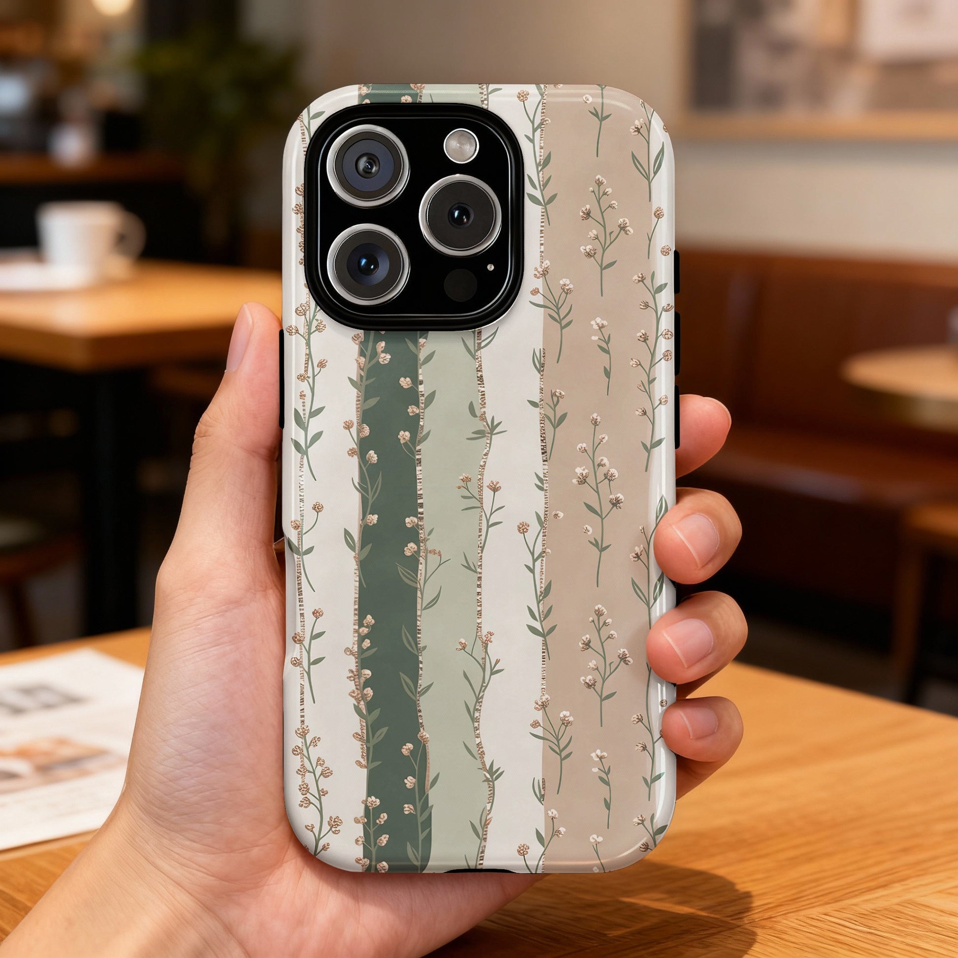 Hand holding a phone case with a floral stripe pattern in green and beige.