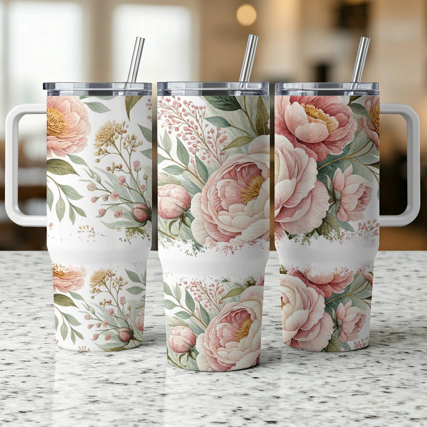 Three tumblers with floral patterns, featuring pink peonies and greenery.