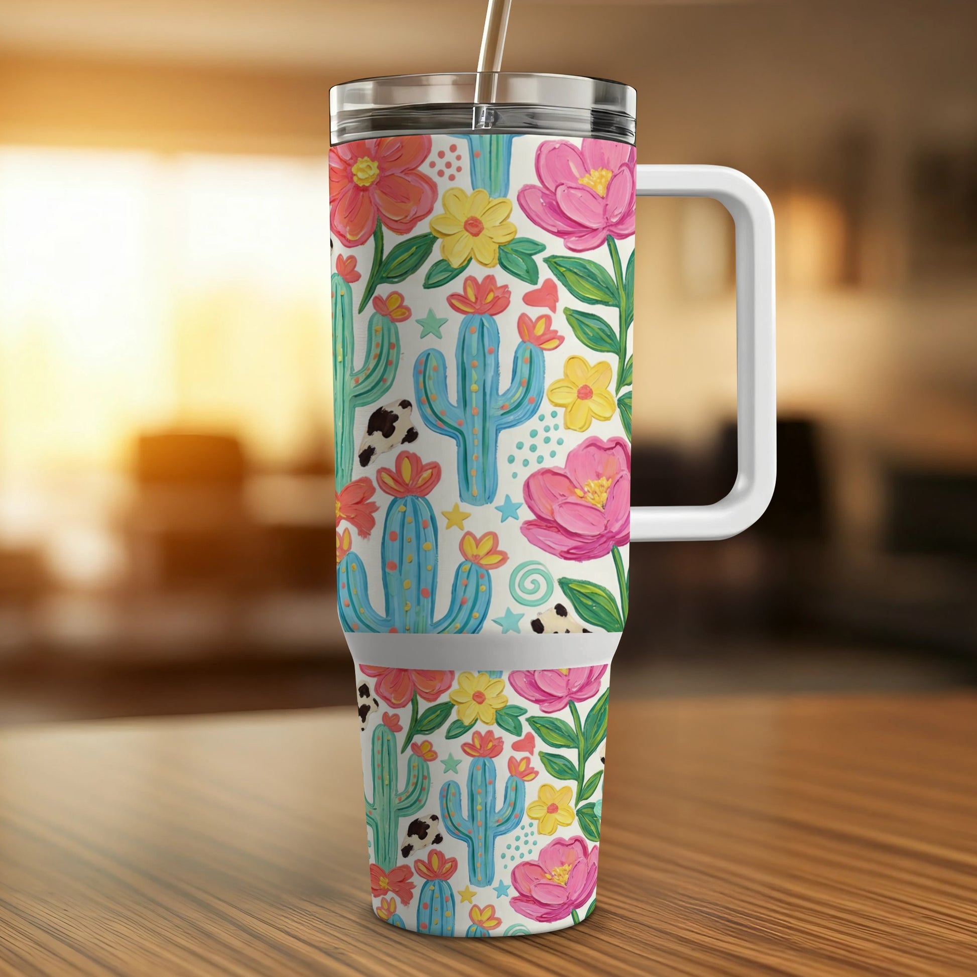 Tumbler with a colorful floral and cactus pattern, featuring cow print accents.