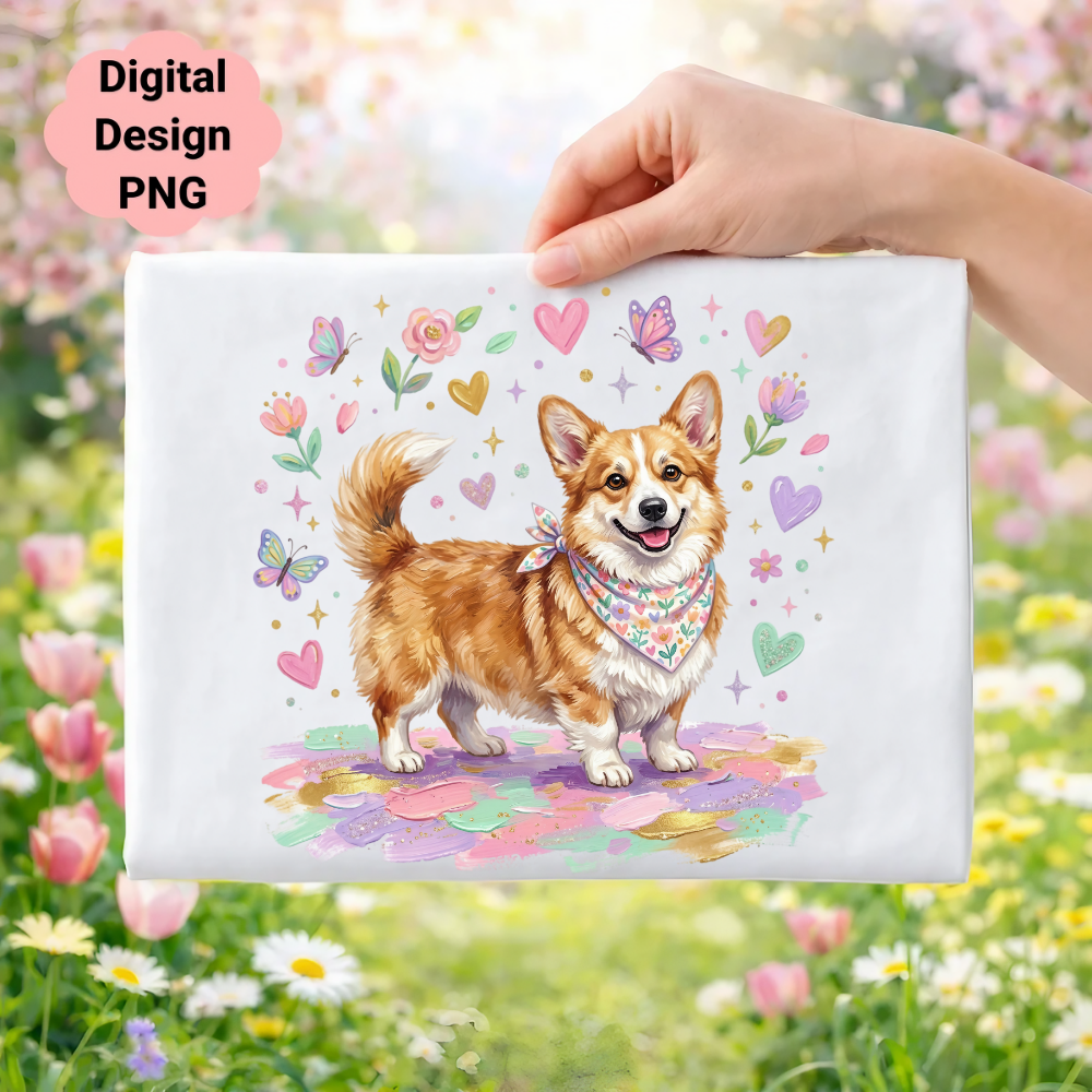 Corgi wearing a bandana, surrounded by hearts and butterflies.
